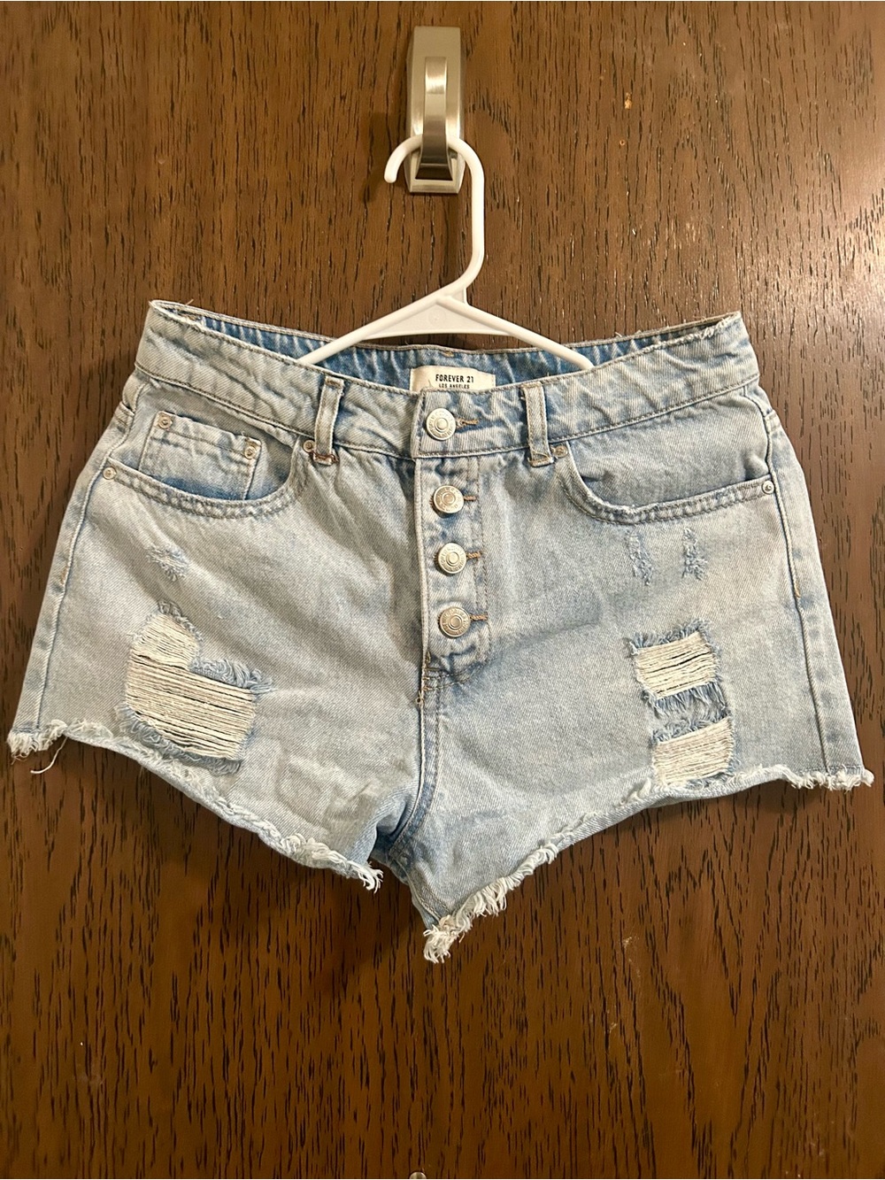 Forever 21 Light Blue Distressed Denim High-Rise Shorts A8